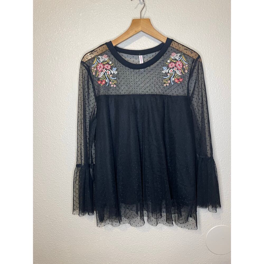 Xhilaration Floral Embroidered Black Mesh Bell Sleeve Tulle Whimsygoth Blouse Lg - Picture 6 of 10